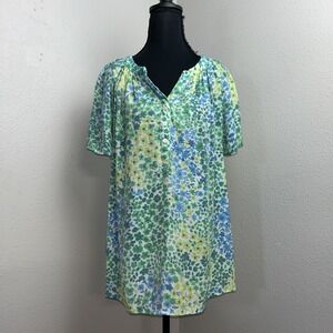Fyve Blouse Women's XL Green Colorful Floral V-Neck Boho Artsy 3/4 Button